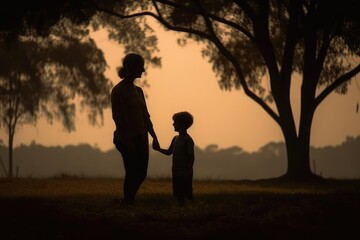 Fototapeta na wymiar silhouette of parent and child on sunset