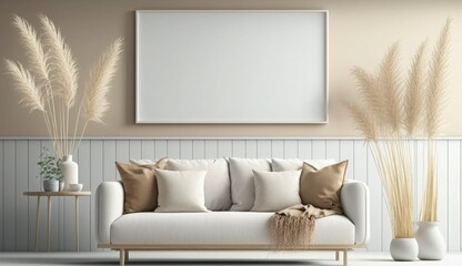 Mockup poster frame on the wall of living room. Luxurious apartment background with contemporary design. Modern interior design. 3D render, 3D illustration, Generate Ai