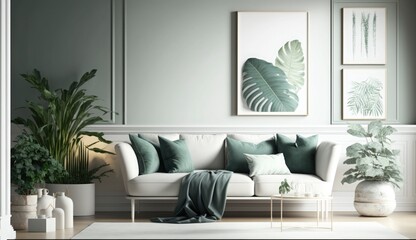 Mockup poster frame on the wall of living room. Luxurious apartment background with contemporary design. Modern interior design. 3D render, 3D illustration, Generate Ai