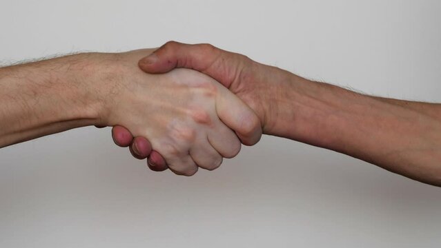 male handshake on a white background.a hand with vitiligo on the skin says hello.sign of agreement, male friendship, son greets father