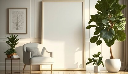 Mockup poster frame on the wall of living room. Luxurious apartment background with contemporary design. Modern interior design. 3D render, 3D illustration, Generate Ai