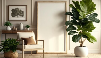 Mockup poster frame on the wall of living room. Luxurious apartment background with contemporary design. Modern interior design. 3D render, 3D illustration, Generate Ai