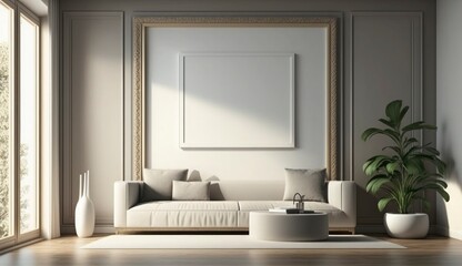 Fototapeta na wymiar Mockup poster frame on the wall of living room. Luxurious apartment background with contemporary design. Modern interior design. 3D render, 3D illustration, Generate Ai