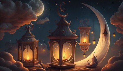 islamic illustration of a crescent moon and realistic clouds with traditional lanterns and candles lighting up the night. Generative ai