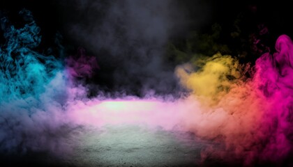 Empty background scene. Dark reflection of the street on the wet asphalt. Rays of color  neon light in the dark. Generative AI