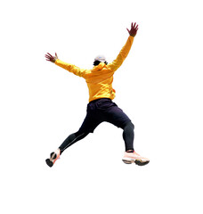 Fototapeta na wymiar Man in sportswear jumping for joy On a transparent background for decoration in the project