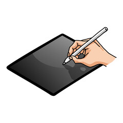 Hand Holding Pencil Writer Writing on Tablet Gadget Mobile Illustration Drawing