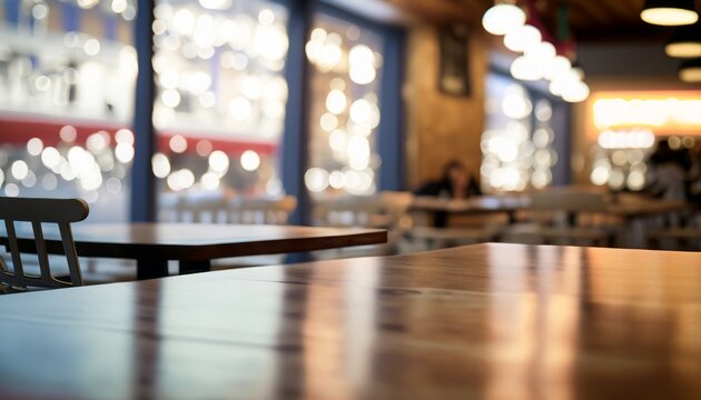 table with defocused bokeh coffee shop background. Generative AI