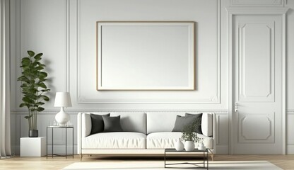 Mockup poster frame on the wall of living room. Luxurious apartment background with contemporary design. Modern interior design. 3D render, 3D illustration, Generate Ai