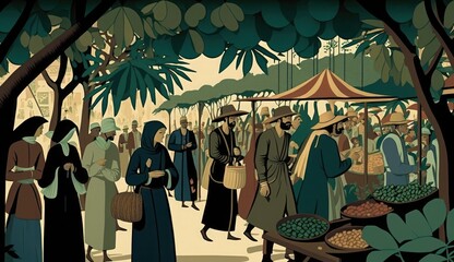 The Silk Road, 500 AD â€“ A bustling market scene along the Silk Road, with merchants and travelers haggling over spices, textiles, and exotic goods, Generate Ai
