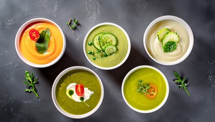 Obraz na płótnie Canvas Colored vegetable soup cream. Dietary vegan food. On a black background. Top view. Free copy space. Generative AI