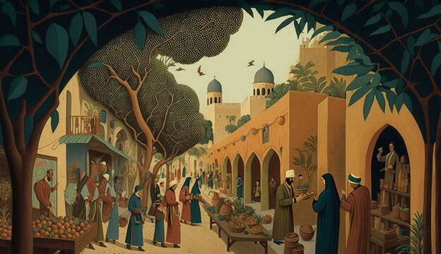 The Silk Road, 500 AD &acirc;&euro;&ldquo; A bustling market scene along the Silk Road, with merchants and travelers haggling over spices, textiles, and exotic goods, Generate Ai