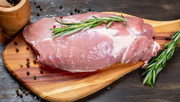 raw pork loin on a chopping board next to fresh ingredients on a dark background. top view. Generative AI