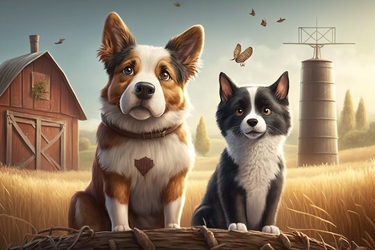 A dog and cat sitting in front of a farmhouse, cartoon-style painting background