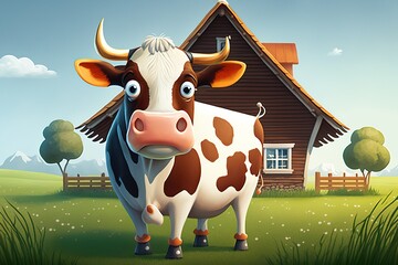  A cow standing in front of a farmhouse, cartoon-style cow painting