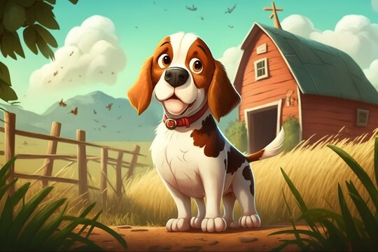 A cute dog sitting in front of a farmhouse, cartoon-style dog painting
