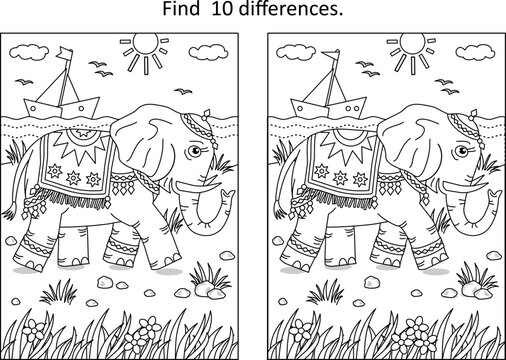 Difference game with elephant walking along the seashore
