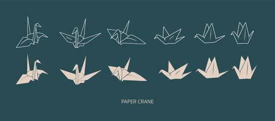 折り紙で作ったシンプルな折り鶴のベクター素材セット