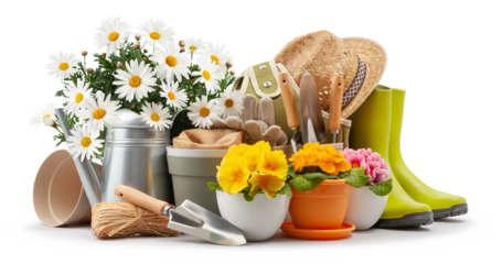 Spring time blooms, pots colorful primroses and vase of daisies, green rubber boots and watering can. Gardening tools, trowel, straw hat and gloves isolated on white background