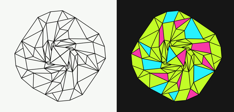 Top view of a faceted diamond. Contour and colored diamonds. Stylized vector image.