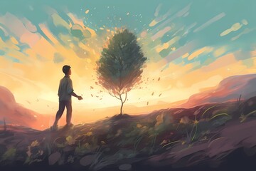Obraz premium Artwork of a lone tree and man in a barren land. Generative AI