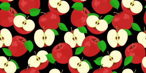 Seamless background with red apples and leaves on a black. Hand drawn endless pattern. Stock vector illustration.