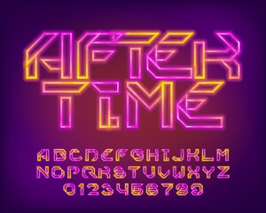 Aftertime alphabet font. Neon colors letters and numbers. Stock vector typescript for your design.