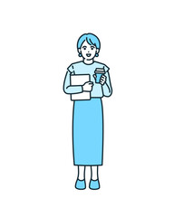 コーヒーブレイクでリラックスする女性のイラスト素材。