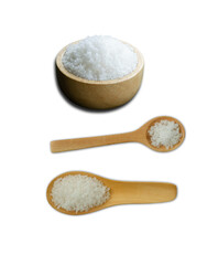 Fototapeta na wymiar Rock salt in wooden spoons, wooden bowls for condiment design