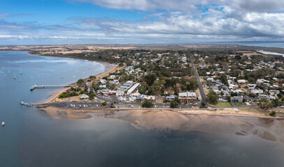 Aerial view of the jetty and shoreline at Rhyll on Phillip Island, Victoria Australia