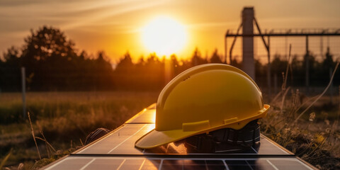 Yellow safety helmet on solar cell panel, sunrise Generative AI