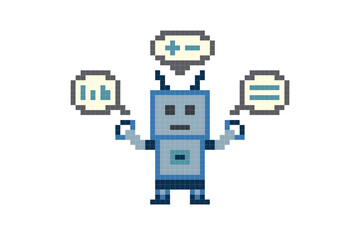 Cute pixel cartoon 8 bit character robot or AI pixel cross stitch style can chat learn AI technology robot for education calculate chat bot vector.