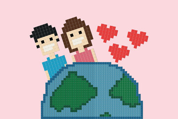 Vector Joyful lovely couple in love on earth together with red heart pixel 8 bit paper art concept background valentine day decoration love couple design for valentine day love couple 8bit 