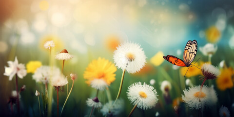 abstract spring background or summer background. dandelion, daisy, tulip, butterfly Generative AI