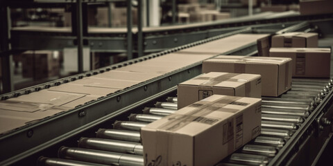 Cardboard boxes on the conveyor belt Generative AI