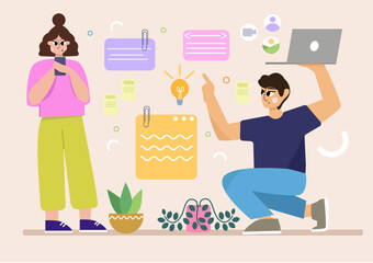 Vector illustration of social network, startup, teamwork, project development. Creative concept for web banner, social media banner, business presentation, marketing illustration
