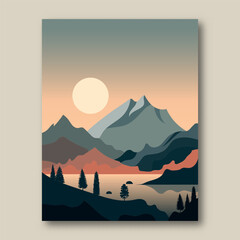 Minimalist mountain landscape. Creative image of mountains and forest. Abstract nature art. Vector illustration.