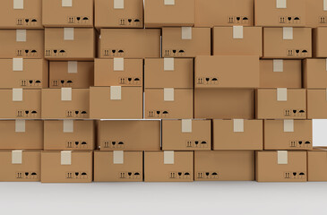 3D Realistic  background of cardboard boxes. Heap of cardboard boxes for the delivery of goods, parcels. Warehouse filled with boxes. 