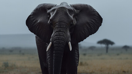 elephant strolling through the serengeti, sunset and rain in background