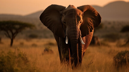 elephant strolling through the serengeti, sunset and rain in background - obrazy, fototapety, plakaty