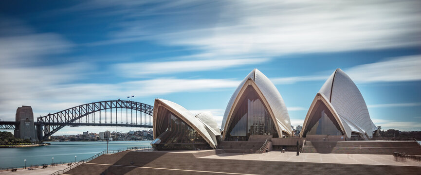 Sydney Australia April 4th 2019 - Long Exposure Image Of The Iconic Sydney Opera House And Harbour Bridge On A Spring Day