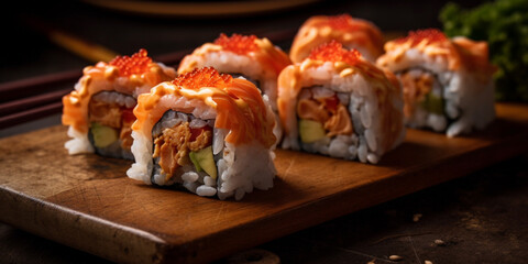 Fototapeta Maki ands rolls with tuna, salmon, shrimp, crab and avocado Generative AI obraz