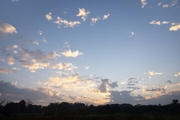 Beautiful sky and cloud at high. Landscape include space, light of nature, sunset, sunrise, horizon or skyline. Colorful with yellow, orange and blue at evening in autumn for background and wallpaper.