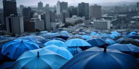 Blue umbrella on top of other gray umbrellas on city background. Occupational safety concept Generative AI