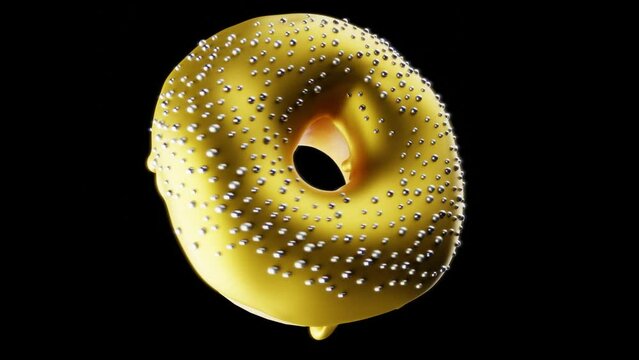 donut covered with gold icing and a sprinkle of pearls rotates in space, moves in and away, seamless looping 3d render animation. Fashion luxury glamour concept
