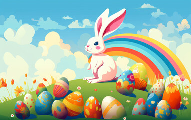 Easter bunny with a rainbow and easter eggs Generative ai