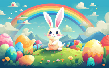 Fototapeta premium Easter bunny with a rainbow and easter eggs Generative ai