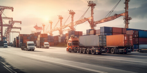 Container truck in ship port for business Logistics and transportation Generative AI