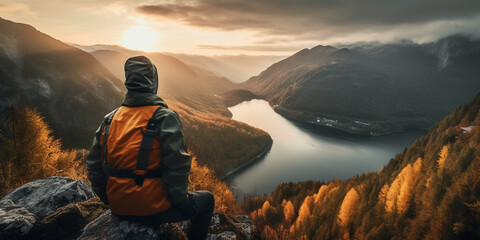 mountaineer man watching mountain and lake view at sunset. back view Generative AI