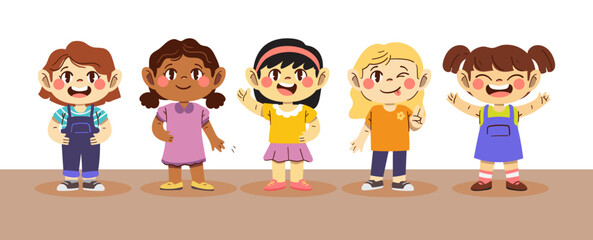 Happy kids, girls character illustration.